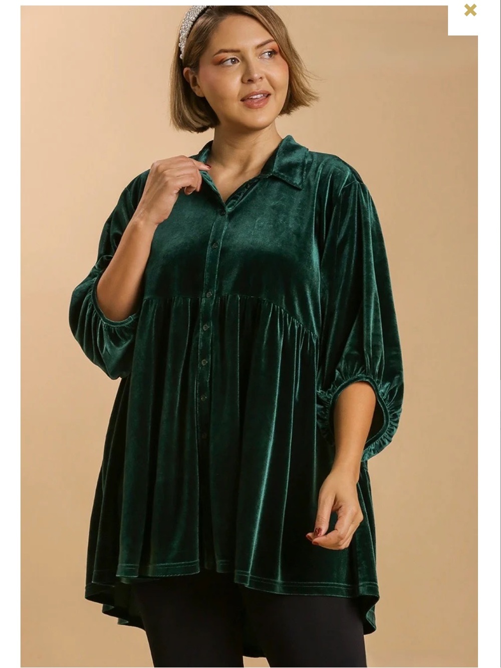 UMGEE VELVET BUTTON DOWN TIERED TUNIC DRESS EMERALD GREEN L